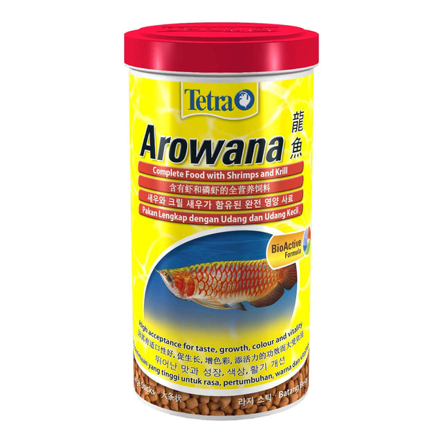Tetra Arowana Sticks 1L, complete food with shrimp and krill for healthy arowana growth.