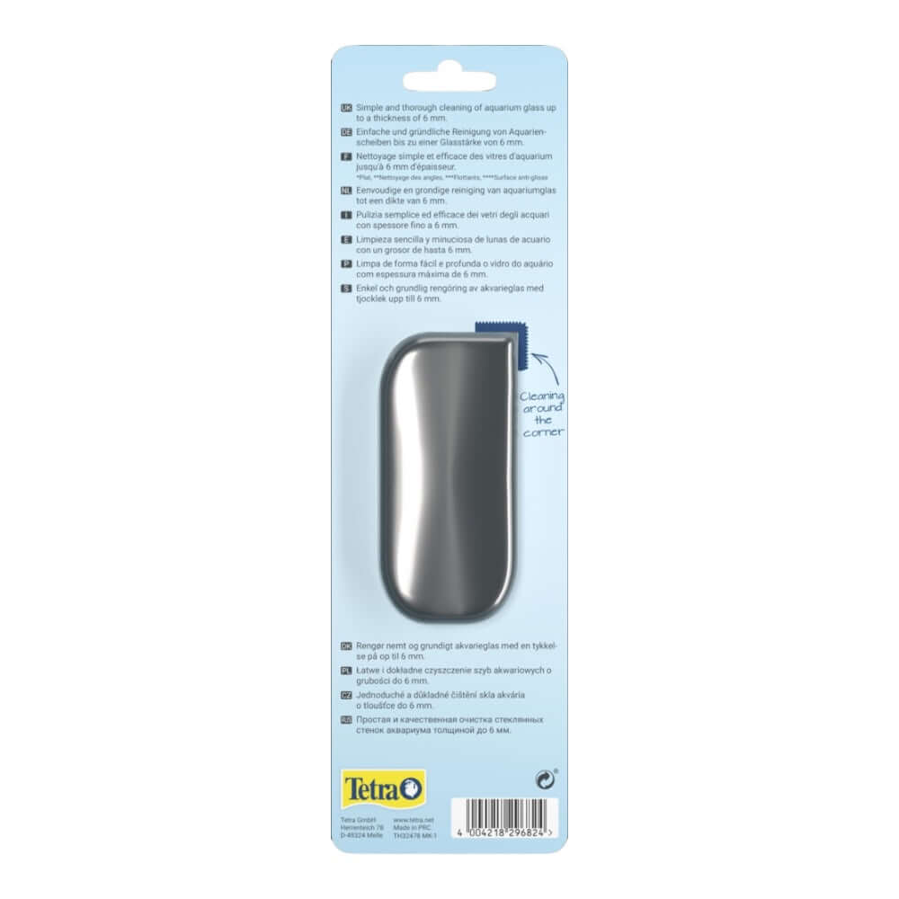 Tetra Magnet Cleaner Flat packaging with cleaning instructions for aquarium glass up to 6mm thick.