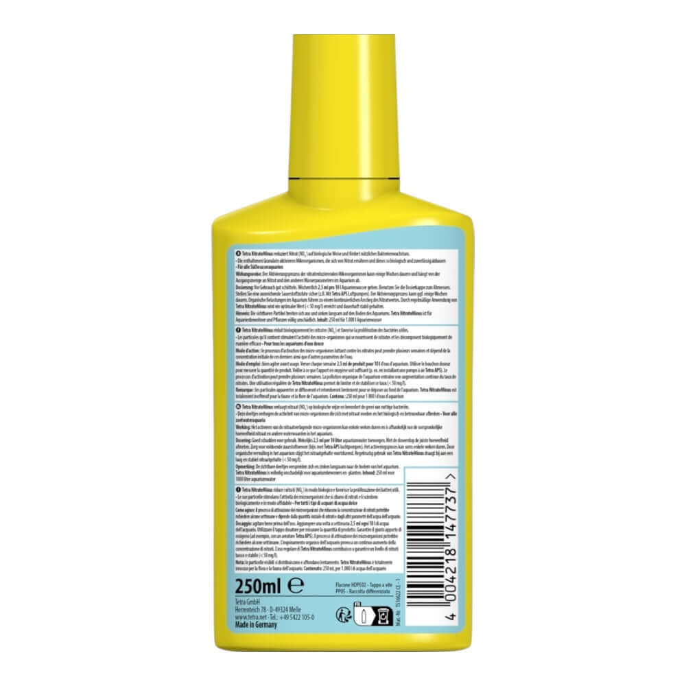 Back view of Tetra NitrateMinus 250ml bottle, showcasing product details and ingredients for nitrate reduction.