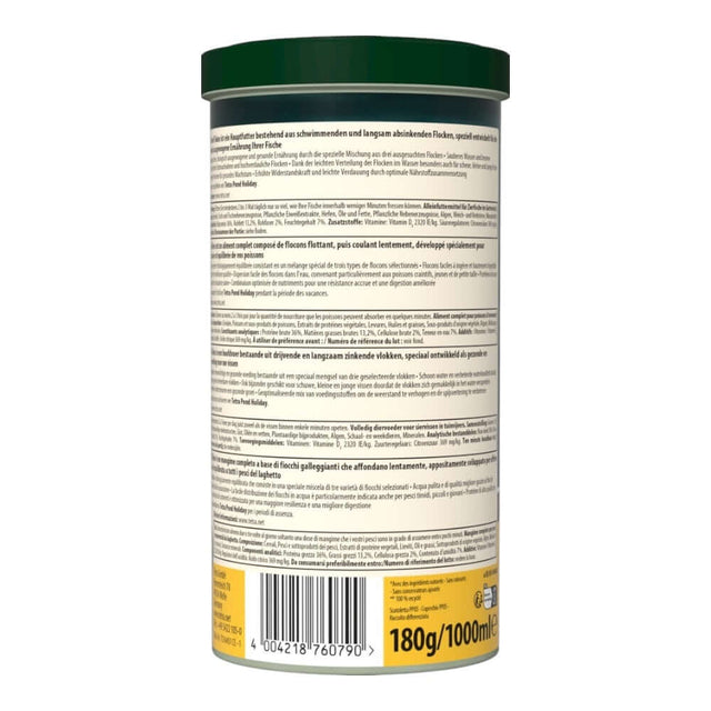 Tetra Pond Flakes 1L container back view showcasing nutritional information and ingredients for pond fish diet.