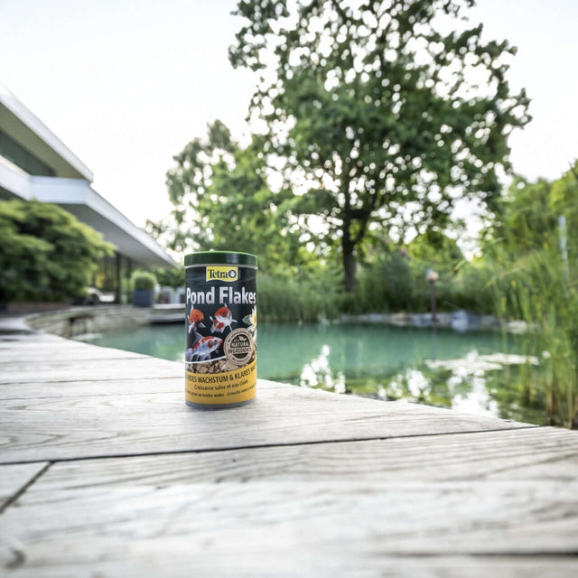 Tetra Pond Flakes 1L can by a tranquil pond, promoting healthy growth in pond fish with a balanced diet.