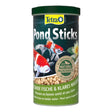 Tetra Pond Food Sticks canister with colorful fish, providing complete nutrition for pond fish and promoting healthy growth.