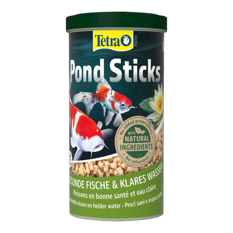 Tetra Pond Food Sticks canister with colorful fish, providing complete nutrition for pond fish and promoting healthy growth.