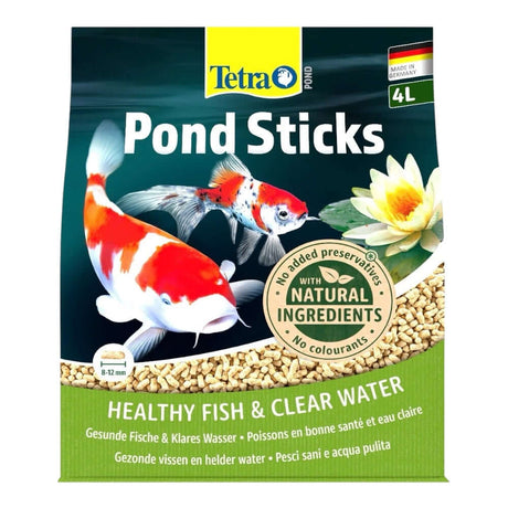 Tetra Pond Food Sticks packaging featuring koi fish, promoting healthy fish and clear water with natural ingredients.