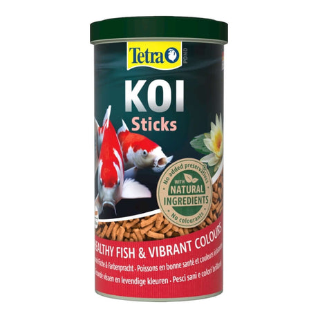 Tetra Pond Koi Sticks container featuring vibrant Koi fish, promoting health and natural ingredients for optimal growth.