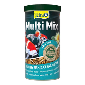Tetra Pond Multi Mix 1L container showcasing healthy fish food mix for clear water and optimal pond fish nutrition.