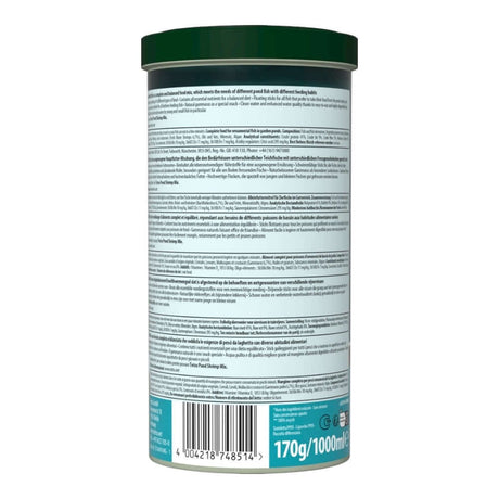 Back view of Tetra Pond Multi Mix 1L packaging, detailing ingredients and feeding information for pond fish.