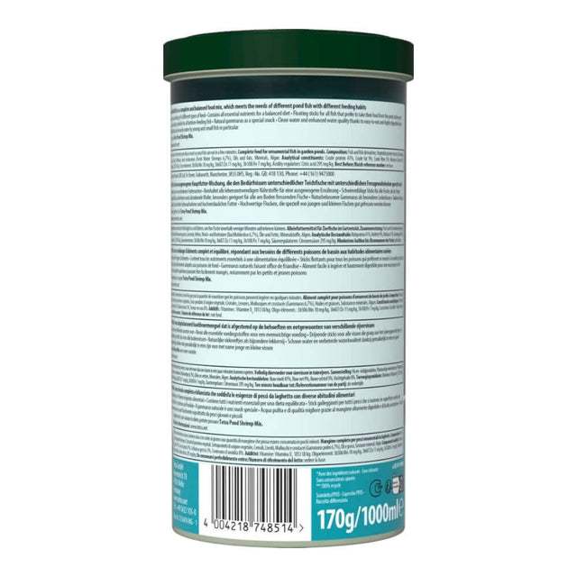 Back view of Tetra Pond Multi Mix 1L packaging, detailing ingredients and feeding information for pond fish.