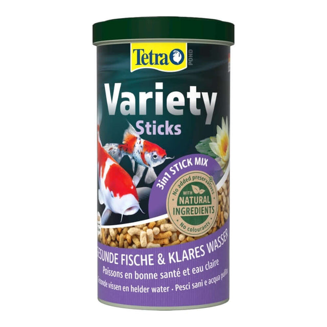 Tetra Pond Variety Sticks, a complete diet for pond fish featuring natural ingredients for healthy growth and vitality.