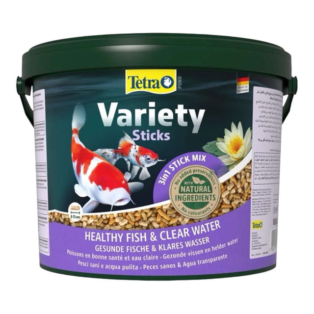 Tetra Pond Variety Sticks for healthy pond fish diet, enhances growth and immune system in clear water.
