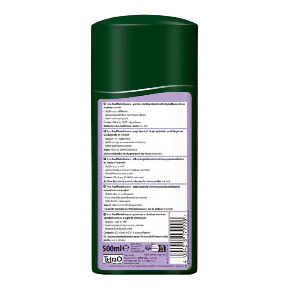 Tetra Pond Water Balance 500ml bottle back view, showcasing instructions and benefits for pond health.