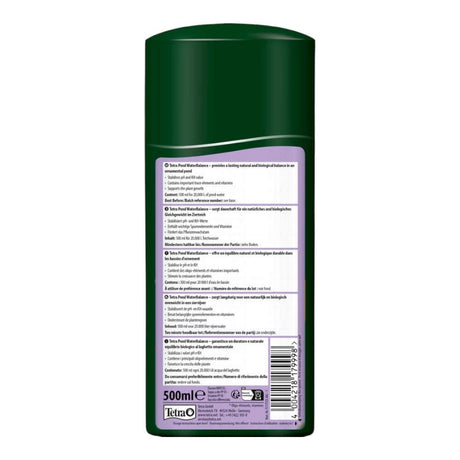 Tetra Pond Water Balance 500ml bottle back view, showcasing instructions and benefits for pond health.