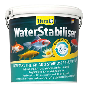 Tetra Pond Water Stabiliser 1.2kg bucket for stabilizing pond pH and enhancing carbonate hardness for healthy aquatic life.