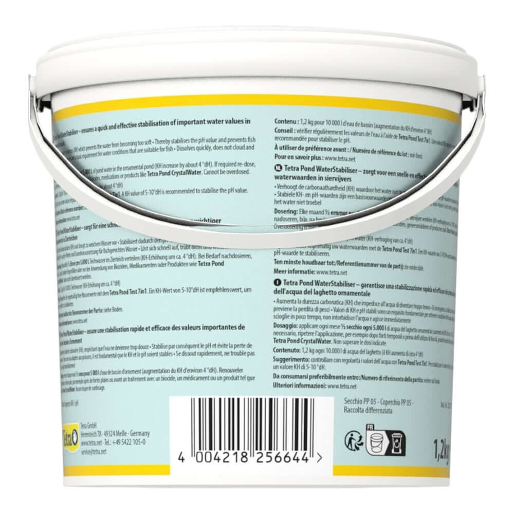 Tetra Pond Water Stabiliser 1.2kg container focusing on water quality stabilization for garden ponds.