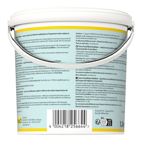Tetra Pond Water Stabiliser 1.2kg container focusing on water quality stabilization for garden ponds.