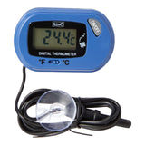 Tetra TH Digital Thermometer displaying water temperature with blue housing and sensor attached via suction cup.