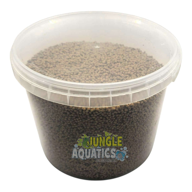 Tilapia Fish Food in a clear container designed for optimal fish nutrition and growth.