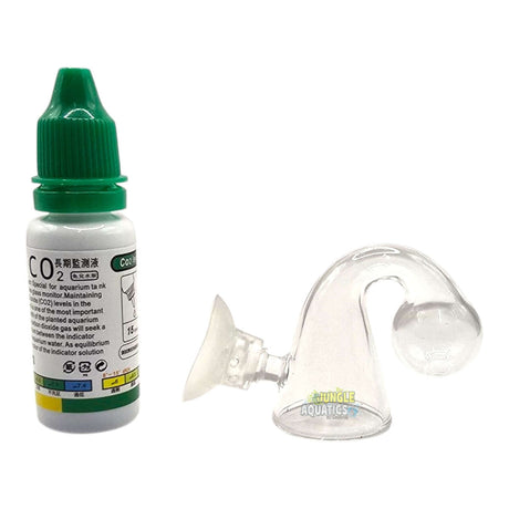 CO2 Checker and Liquid set for aquarium, includes CO2 indicator solution and glass monitoring device.
