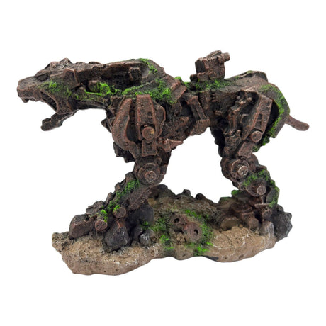 Transformer Dog Ornament featuring a mechanical dog sculpture with gears and moss accents on a rocky base.