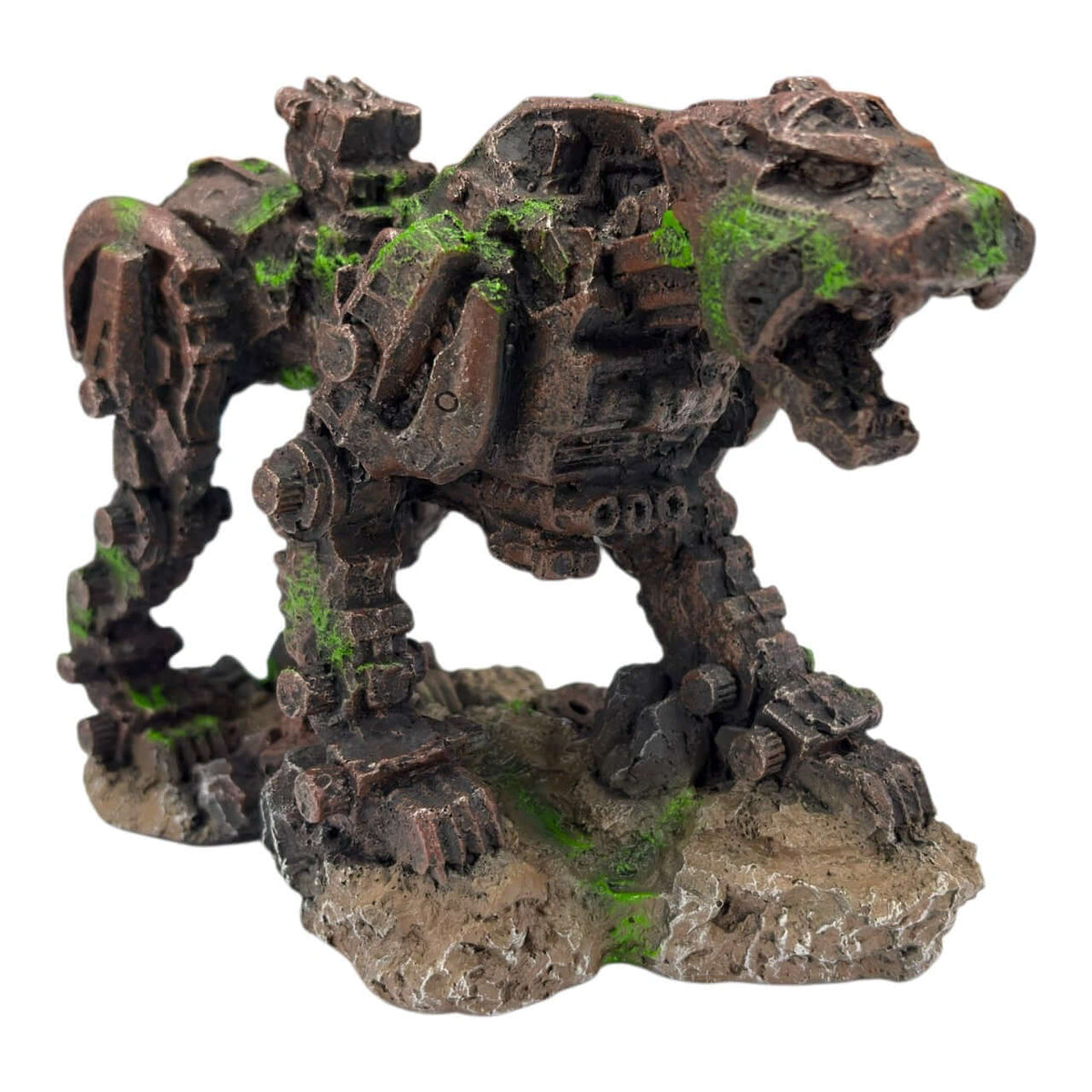 Transformer Dog Ornament sculpted mechanical dog for aquarium with ancient underwater theme and rocky base.