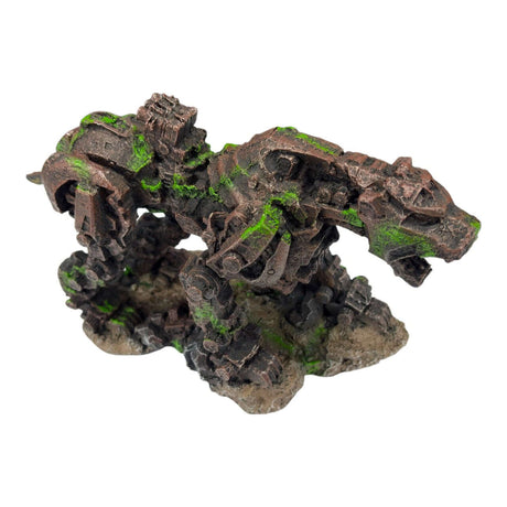 Transformer Dog Ornament featuring sculpted gears and moss-like accents, perfect for an aquarium display.