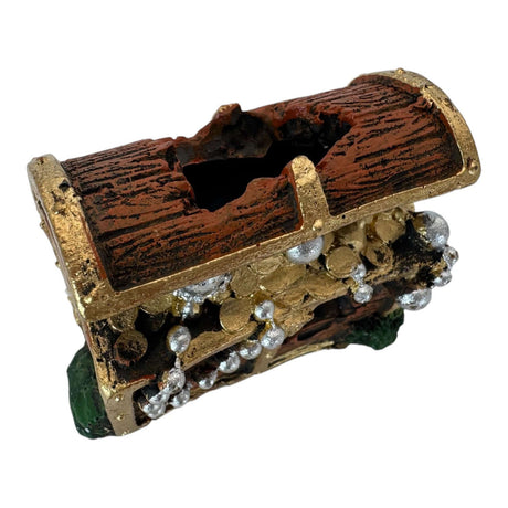 Treasure Box Aquarium Ornament featuring a gold treasure chest adorned with gems for aquatic decorations.