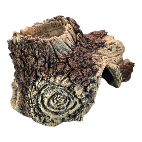 Ultra-realistic tree bark aquarium ornament with a hollow cave, perfect for aquatic and reptile habitats.