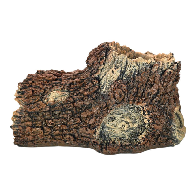 Realistic tree bark aquarium ornament with textured surface and hollow cave for fish or reptiles.