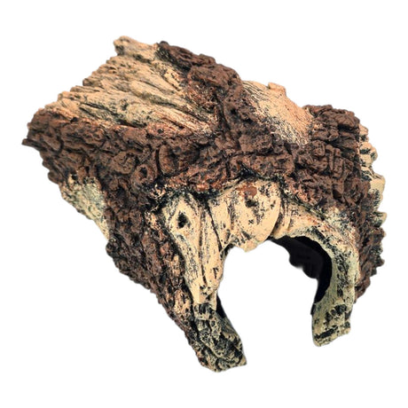 Tree Bark Log Aquarium Ornament, realistic decoration for aquariums and terrariums, light brown with dark patches.