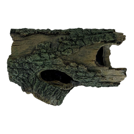Tree stump aquarium ornament with bark texture, featuring hollow tunnels for fish shelter and natural decor.