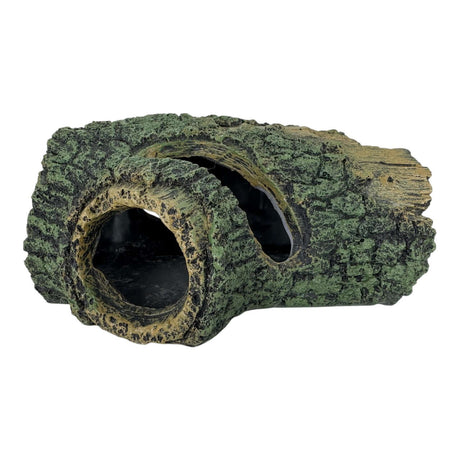 Realistic tree stump aquarium ornament with bark texture and hollow tunnels for fish shelter.