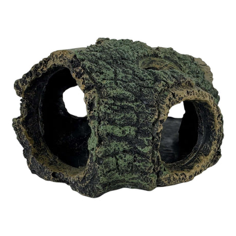 Tree stump aquarium ornament with bark, featuring hollowed-out tunnels for fish shelter and decoration.
