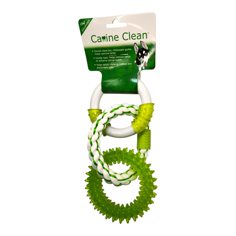 Triple rings TPR spike rope chew toy for dogs, promotes dental hygiene and soothes gums.
