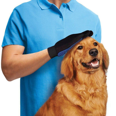 A person using the TrueTouch Deshedding Glove for Gentle Pet Grooming on a golden retriever dog, highlighting grooming and bonding.