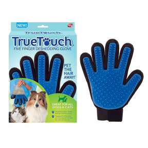 TrueTouch Deshedding Glove for Gentle Pet Grooming packaging with five finger design and soft silicone tips.