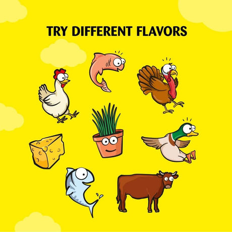 Colorful cartoon animals and food items promoting different flavors for pet treats and snacks.