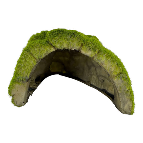 Moss-covered tunnel aquarium ornament perfect for fish habitats and terrariums, adding natural charm.
