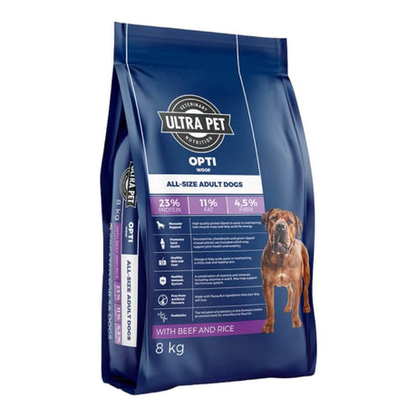 Ultra Dog Optiwoof Adult dog food bag with beef and rice, 8 kg, featuring balanced nutrition for adult dogs.