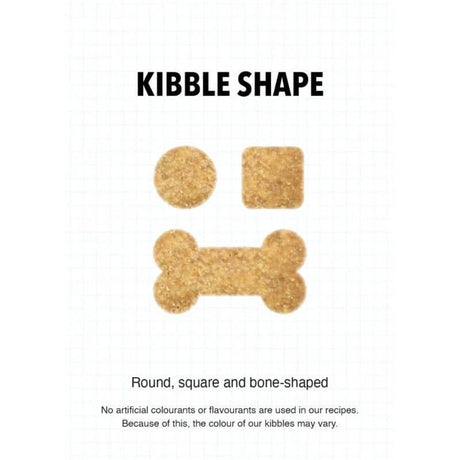 Kibble shapes for Ultra Dog Optiwoof Adult: round, square, and bone-shaped, showcasing natural ingredients without artificial colors.