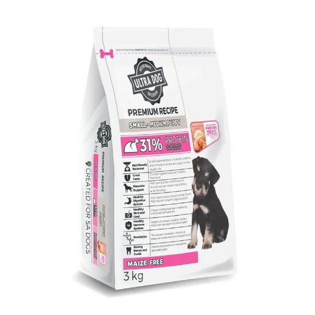 Ultra Dog Premium Recipe 3kg bag for small to medium puppies, maize-free, with 31% protein for muscle growth.
