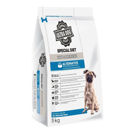 Ultra Dog Hypo-Allergenic Special Diet 3kg bag, formulated for allergy-prone dogs with duck meal and potato.