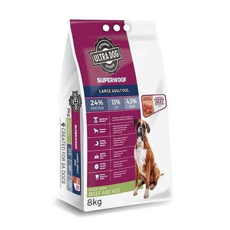 Ultra Dog Superwoof Adult Beef and Rice dog food packaging, 8kg, designed for large dogs' energy and recovery.