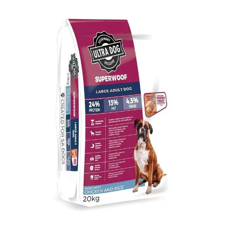 Ultra Dog Superwoof Adult Chicken and Rice 20kg bag for large dogs, high-protein formula for sustained energy and recovery.