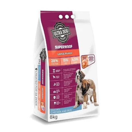 Ultra Dog Superwoof Large Puppy food packaging, 8kg bag, features protein-rich chicken and rice formula for optimal puppy health.