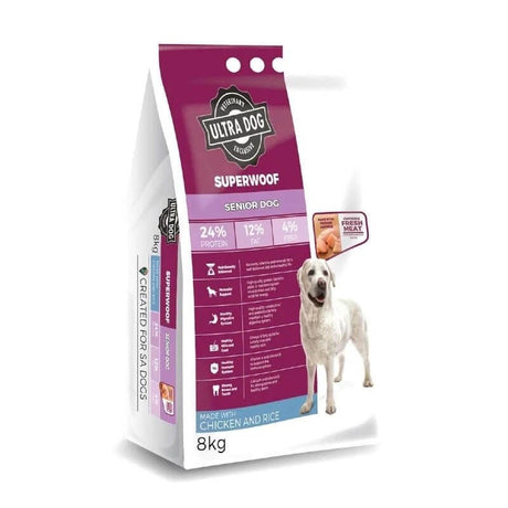Ultra Dog Superwoof Senior dog food 8kg bag, formulated with chicken and rice for senior dogs' health and vitality.