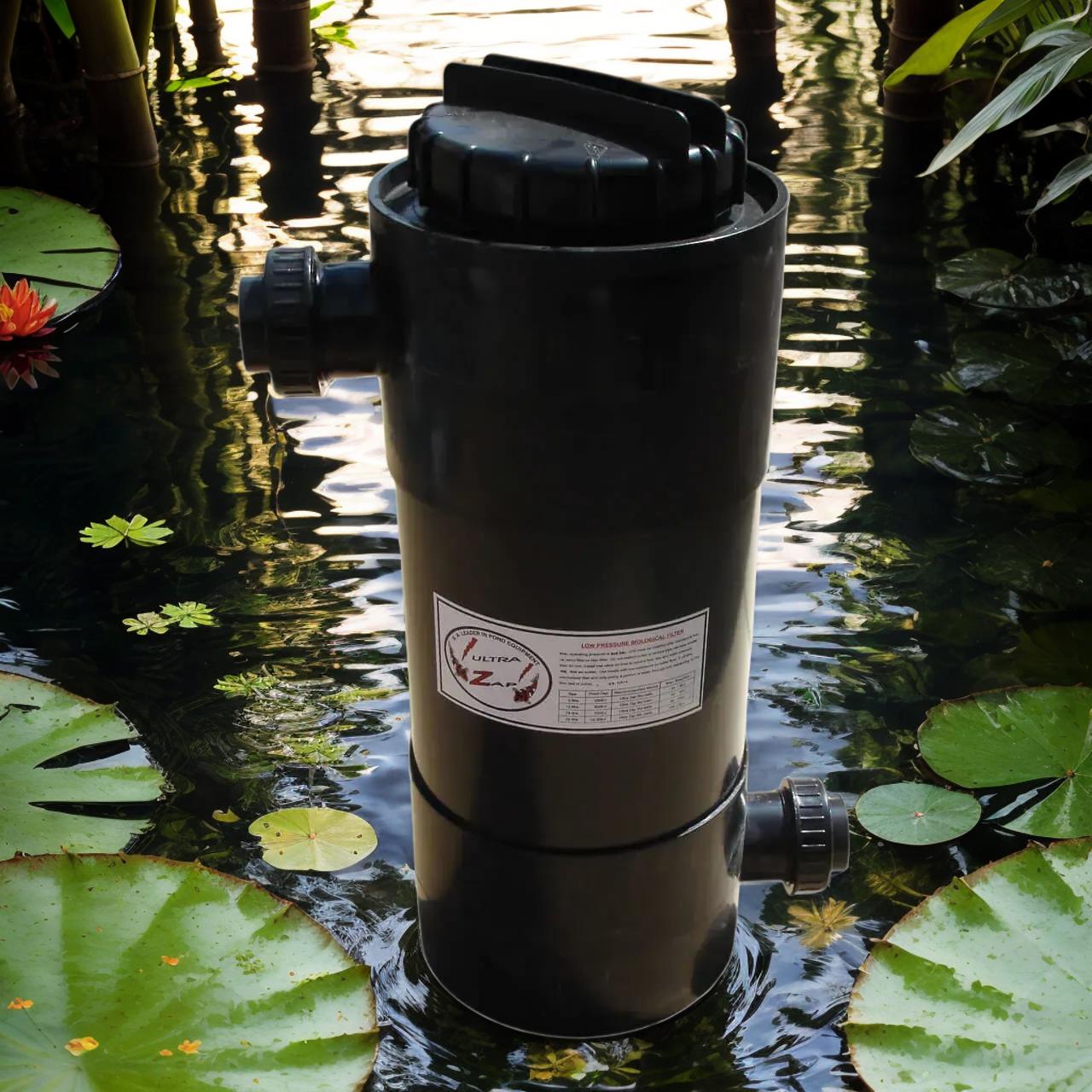 UltraZap Bio Filter with Media Blocks enhancing pond clarity and health in tranquil water setting.