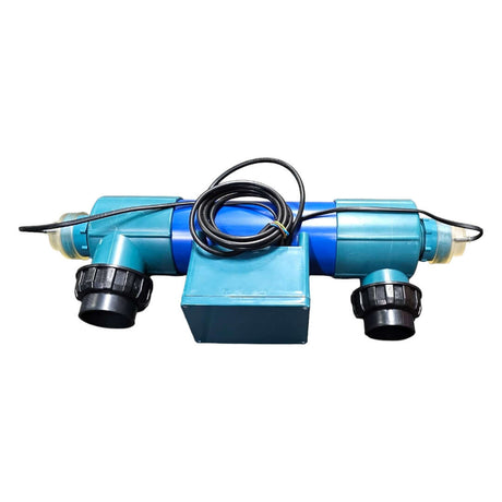 UltraZap UV Clarifier Pond Series with blue casing and connectors for crystal clear garden pond water.