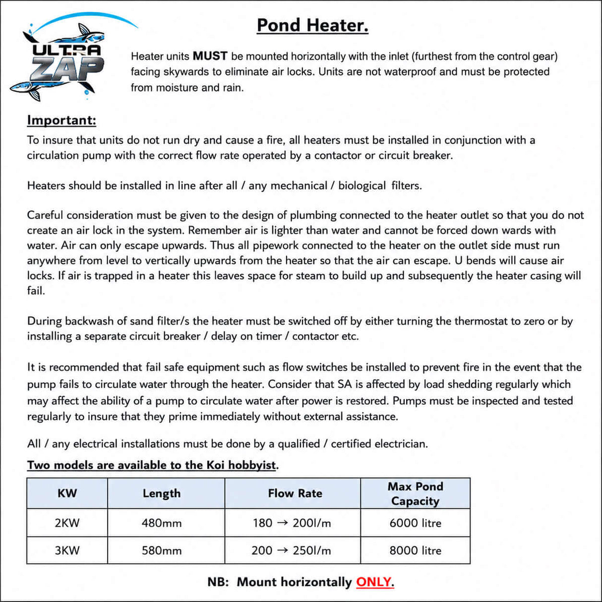 UltraZap Pond Heater installation guidelines and capacity details for optimal operation and maintenance.