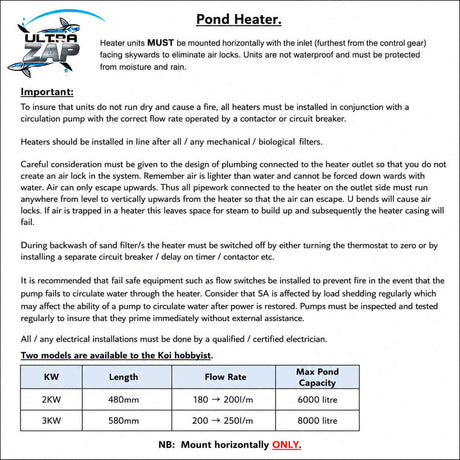 UltraZap Pond Heater installation guidelines and capacity details for optimal operation and maintenance.
