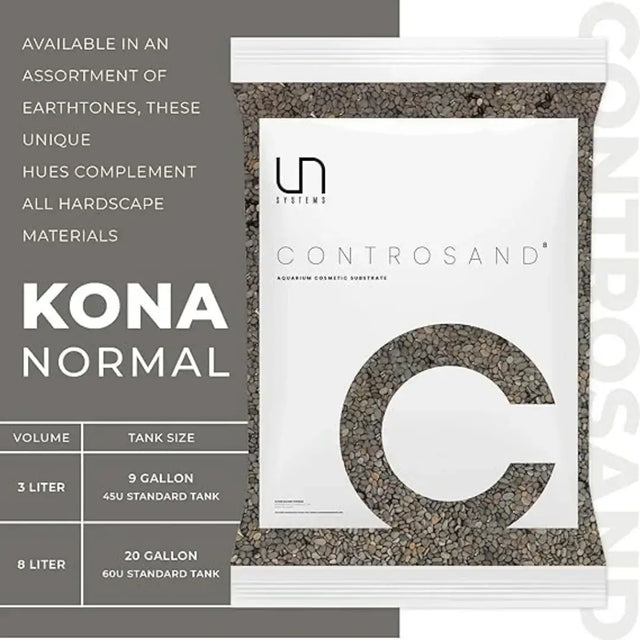 UNS Controsand Kona natural substrate for aquariums, available in various sizes and colors, safe for aquatic life.